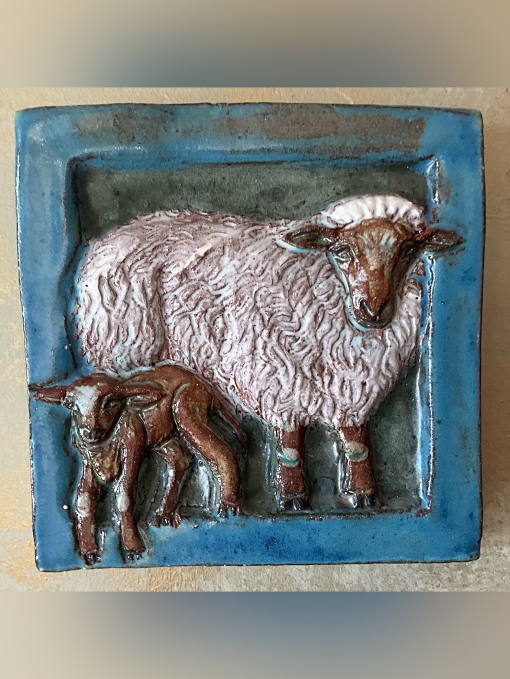1995 H. Goff Folk Tiles Ewe & Lamb Art Pottery Relief Tile Martha’s Vineyard 6”